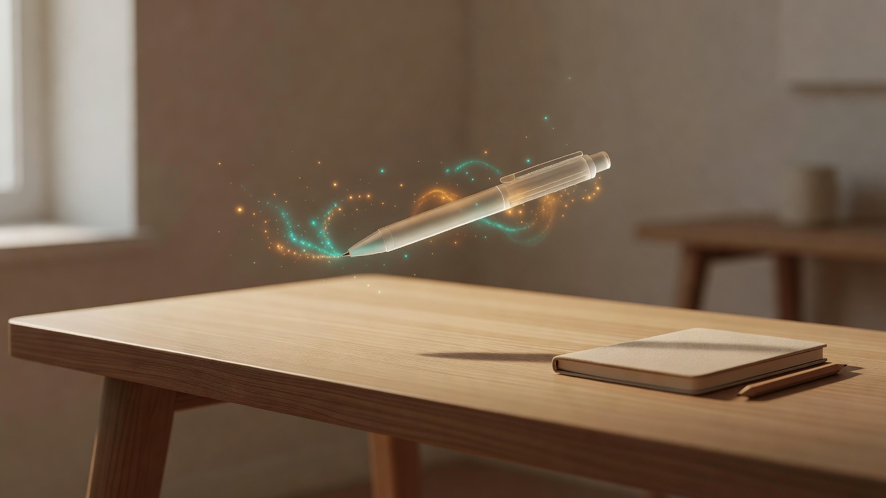 A translucent pen fading into invisibility above a creative workspace